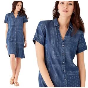 J. Jill Denim Indigo Print Shirtdress 100% Tencel Mini Dress Size Small Petite